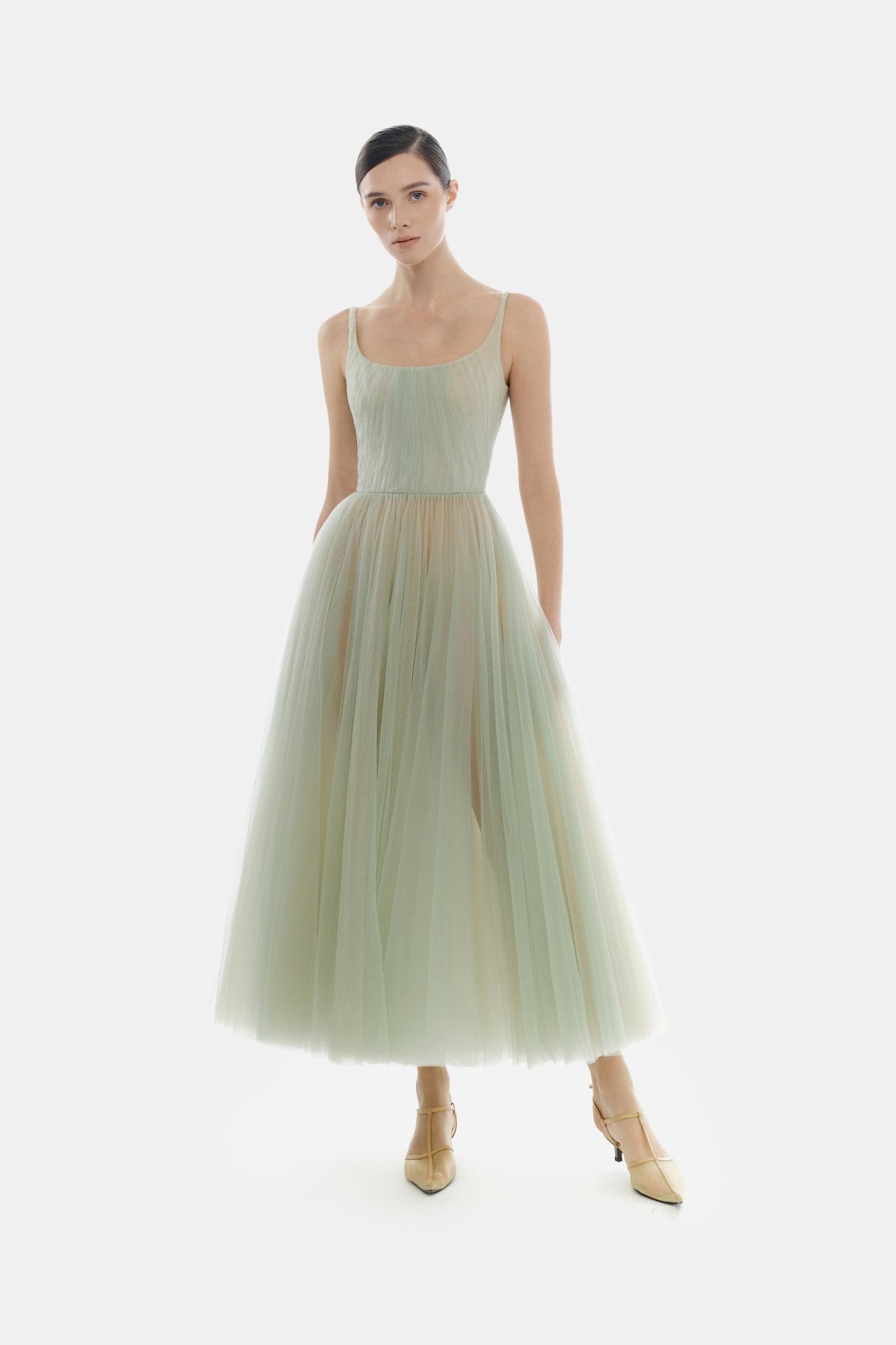 Mint Draped Tulle Midi Dress - Montsand
