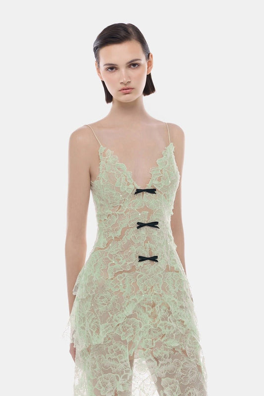 Mint Floral Bow Vneck Mini Dress - Montsand
