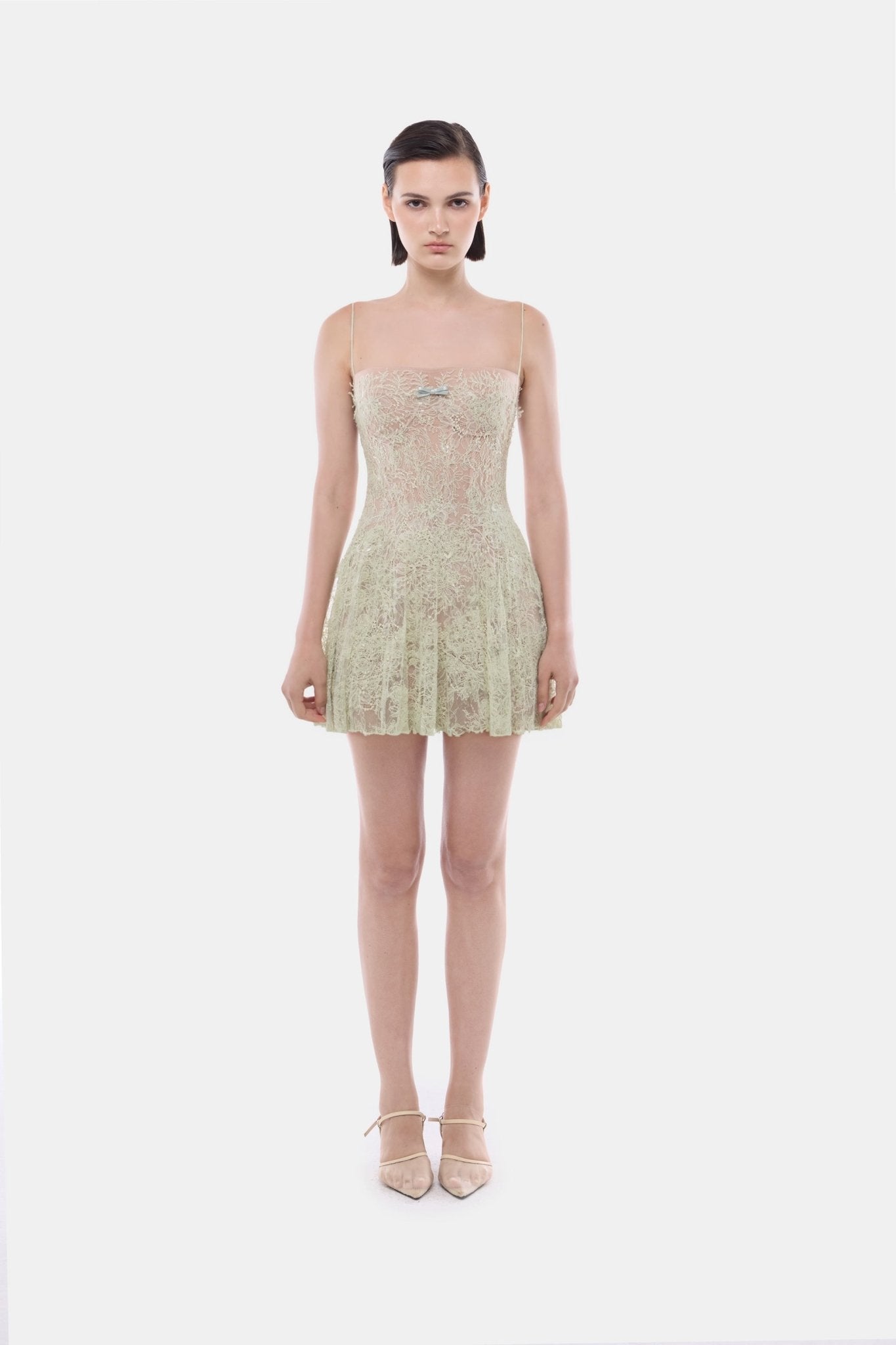Mint Straight Neckline Pleat Mini Dress - Montsand