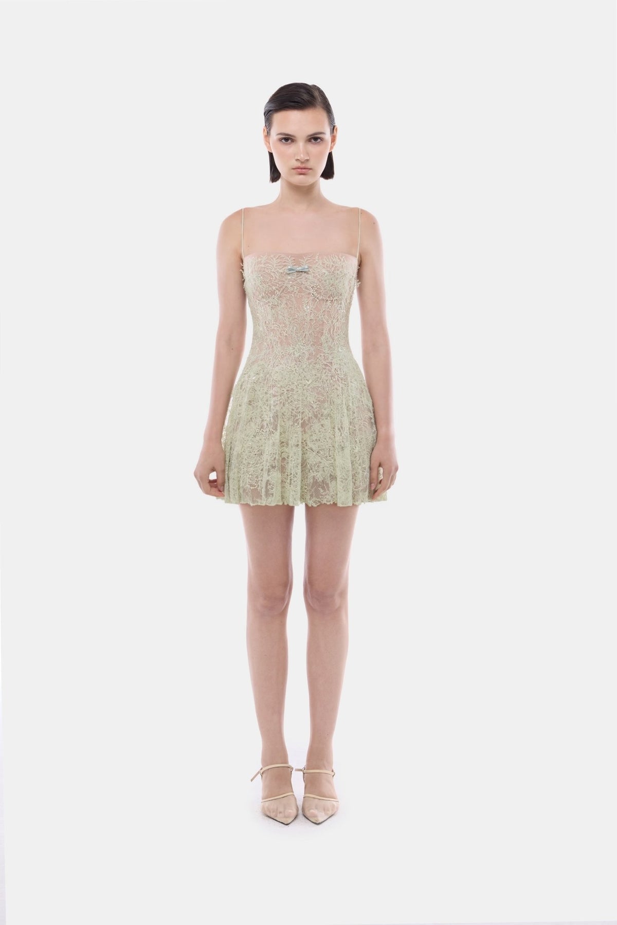 Mint Straight Neckline Pleat Mini Dress - Montsand