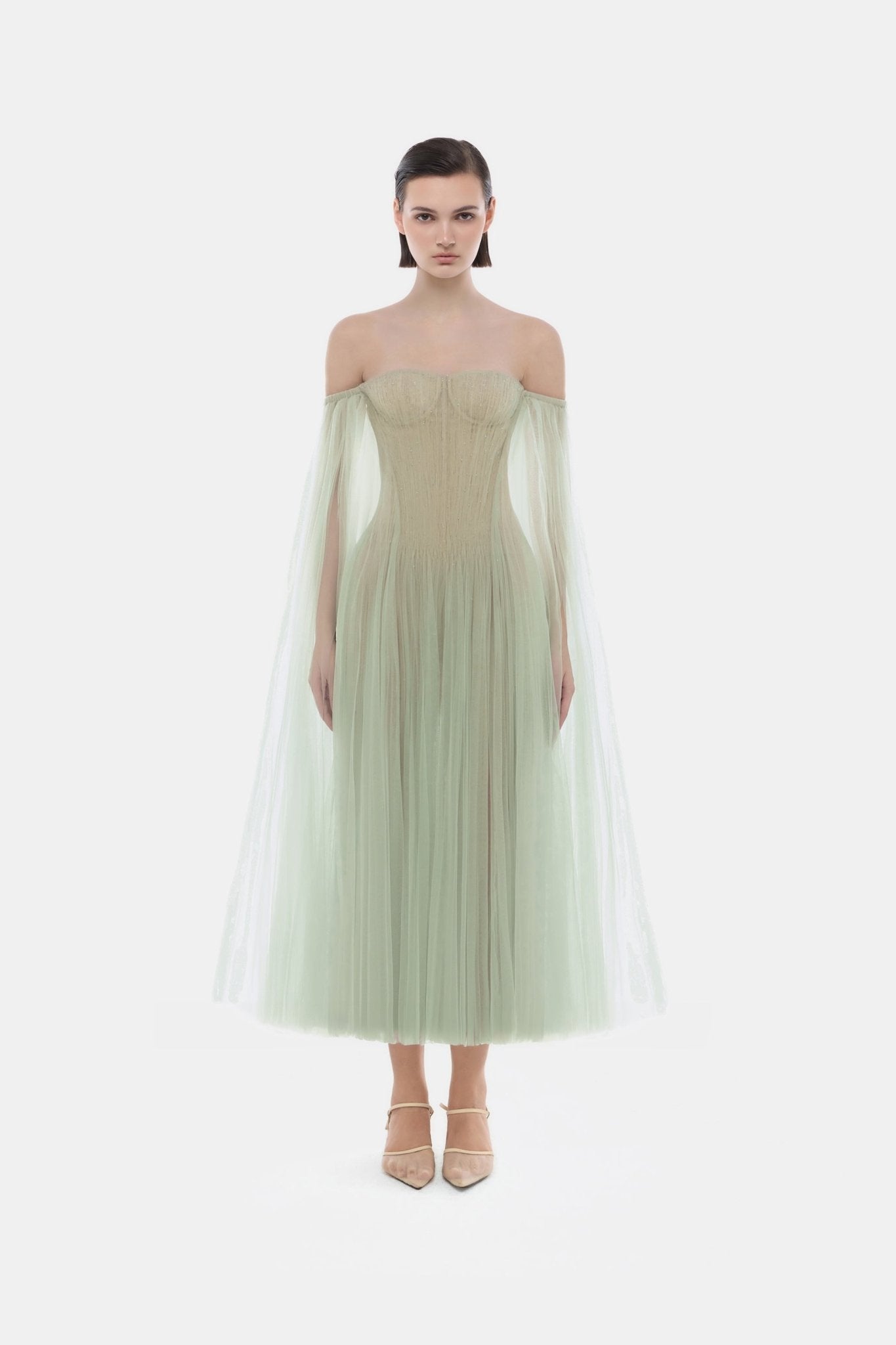Mint Tulle Off-shoulder Midi Dress - Montsand