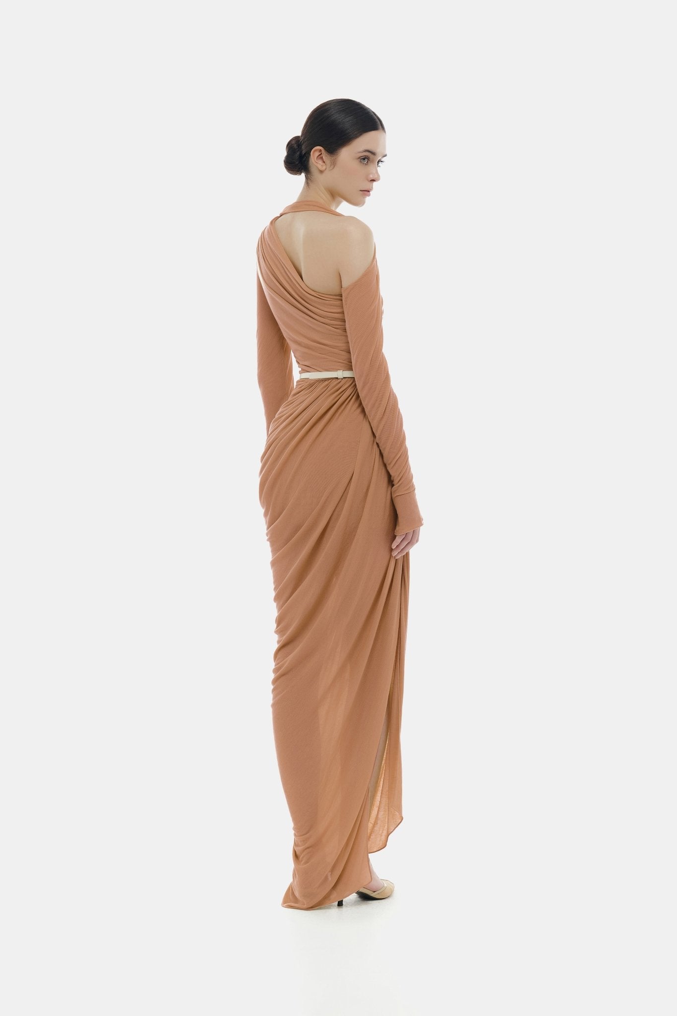 Nude Draped Asymmetric Maxi Dress - Montsand