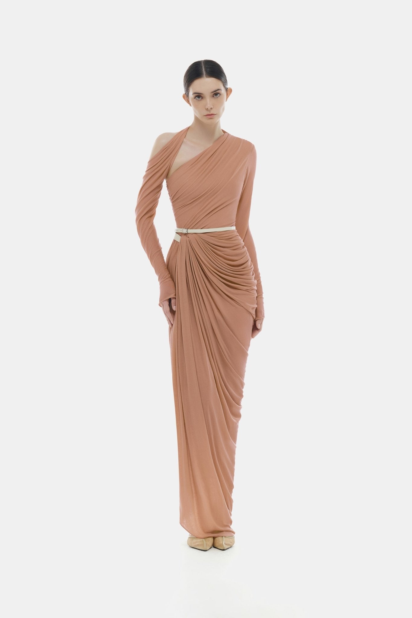 Nude Draped Asymmetric Maxi Dress - Montsand