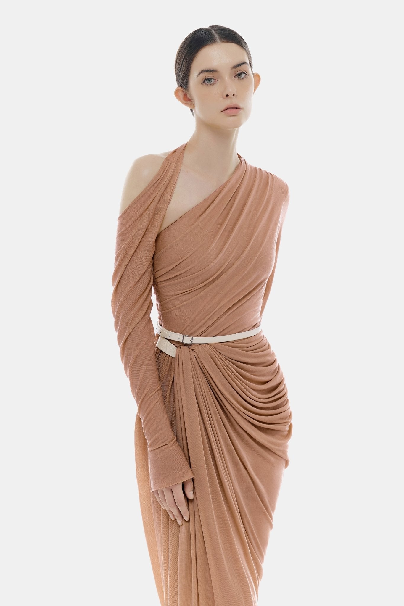Nude Draped Asymmetric Maxi Dress - Montsand