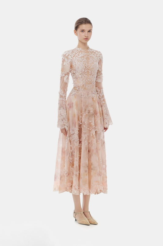 Peach Lace Appliqué Midi Dress - Montsand