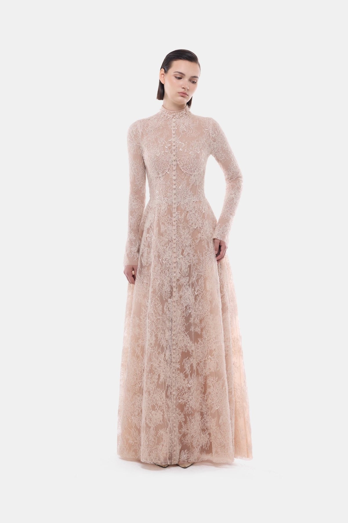 Peach Lace Botton Front Dress - Montsand