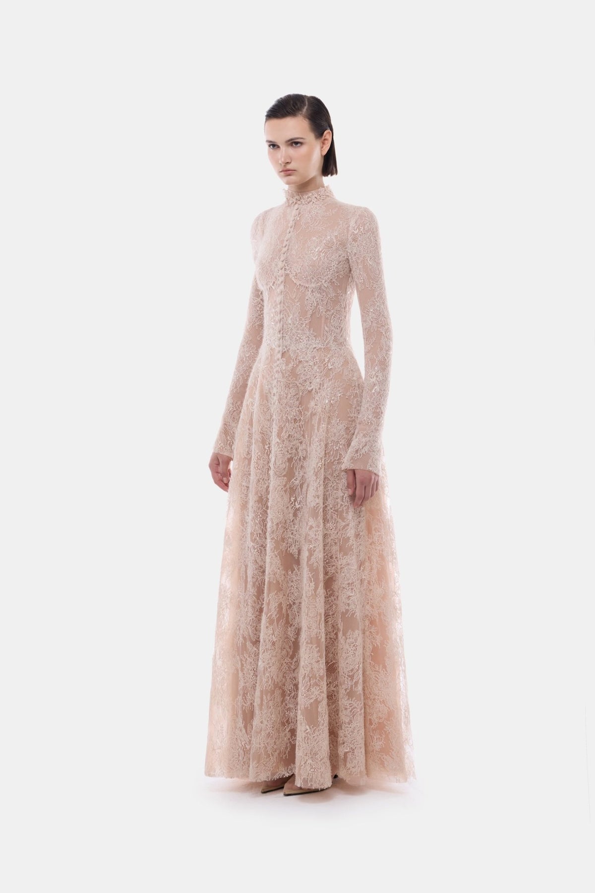 Peach Lace Botton Front Dress - Montsand