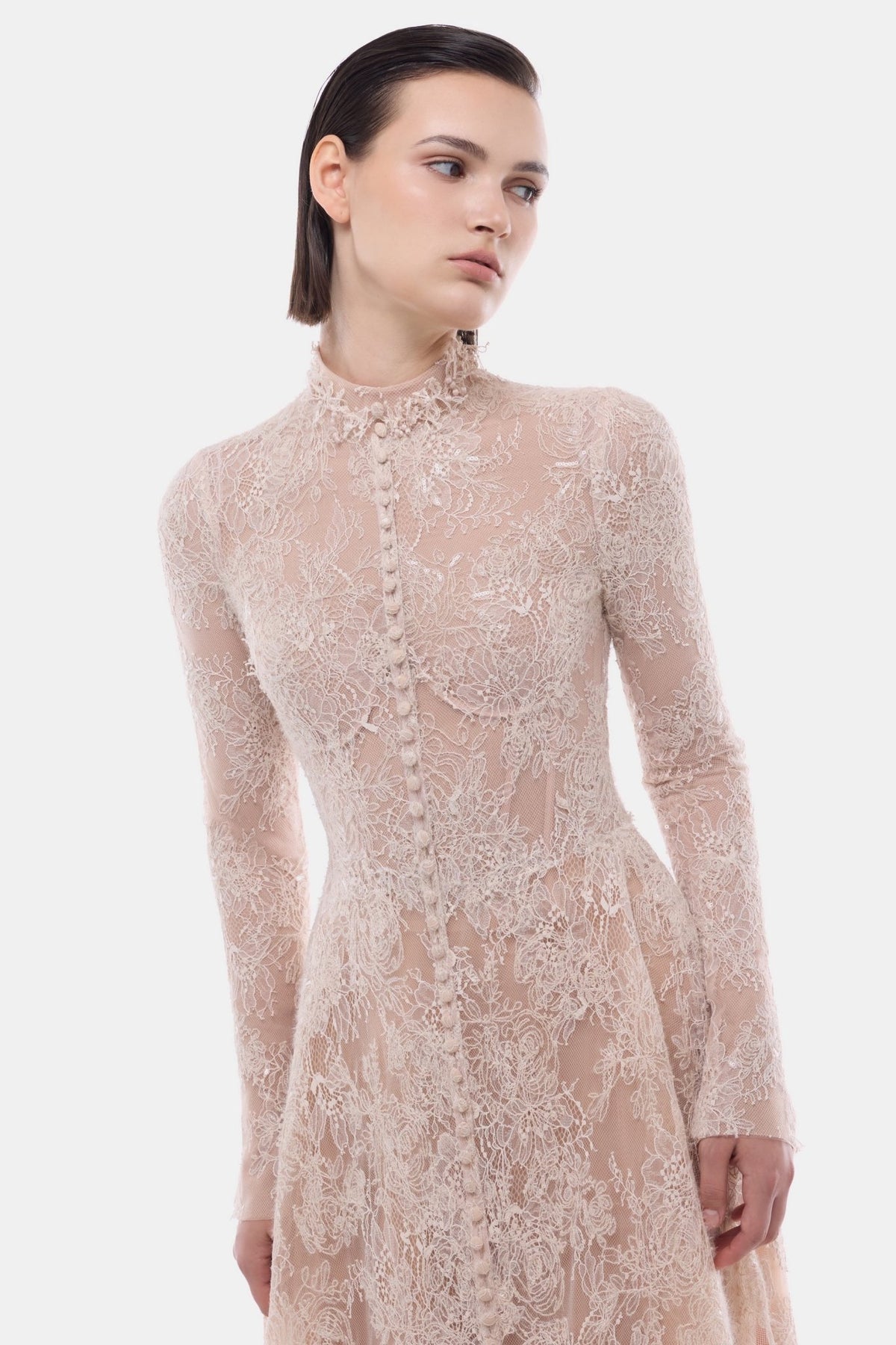 Peach Lace Botton Front Dress - Montsand