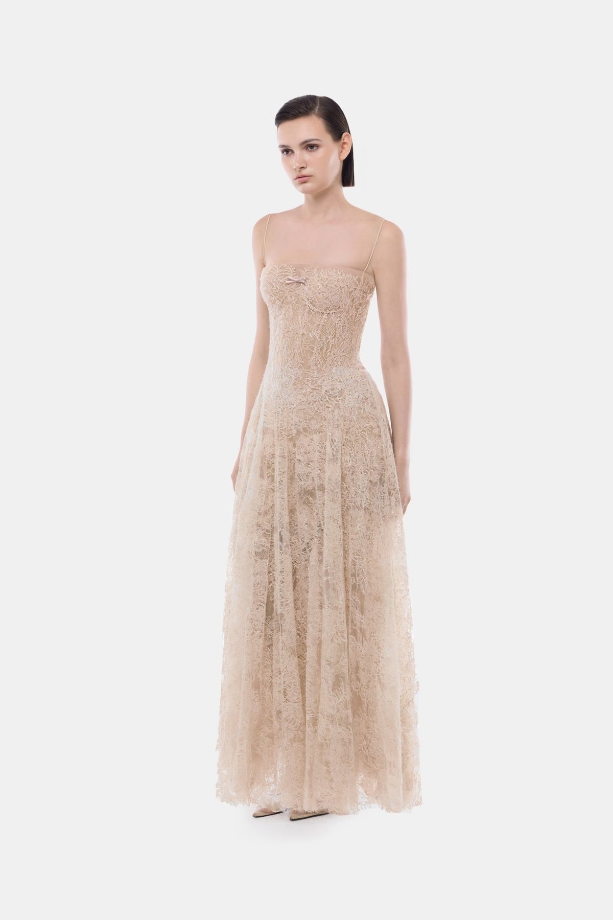 Peach Straight Neckline Pleat Maxi Dress - Montsand