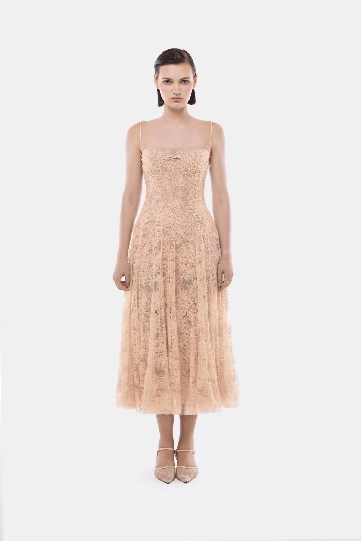 Peach Straight Neckline Pleat Midi Dress - Montsand