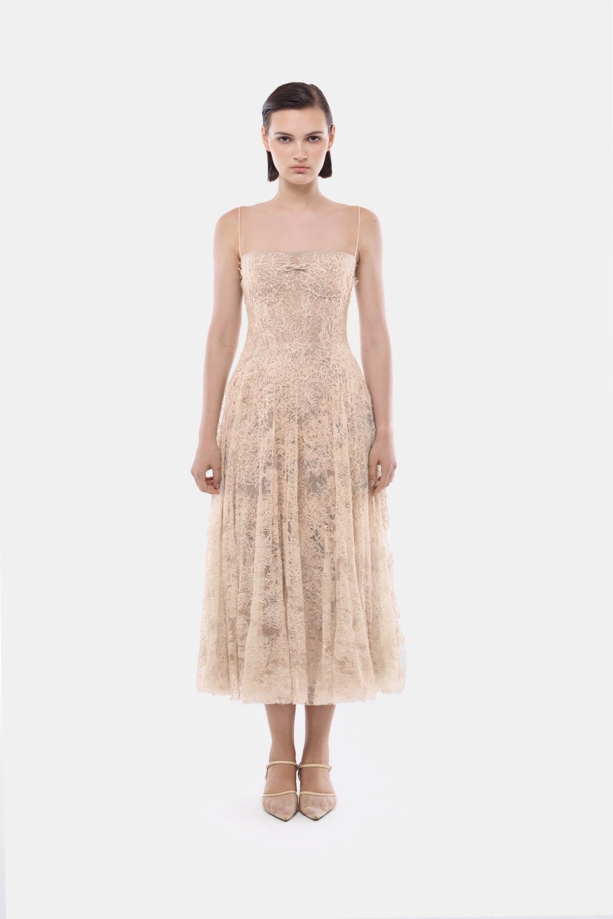 Peach Straight Neckline Pleat Midi Dress - Montsand