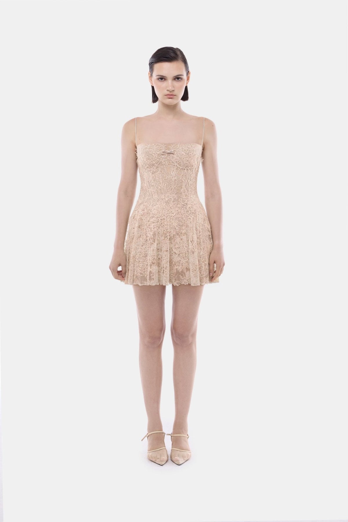 Peach Straight Neckline Pleat Mini Dress - Montsand