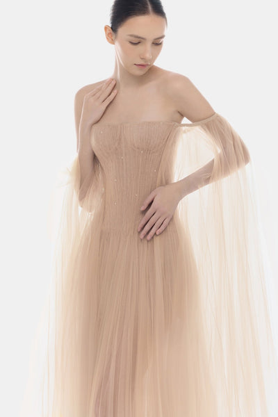 peach off the shoulder maxi dress Peach Tulle Off-shoulder Maxi Dress – Montsand