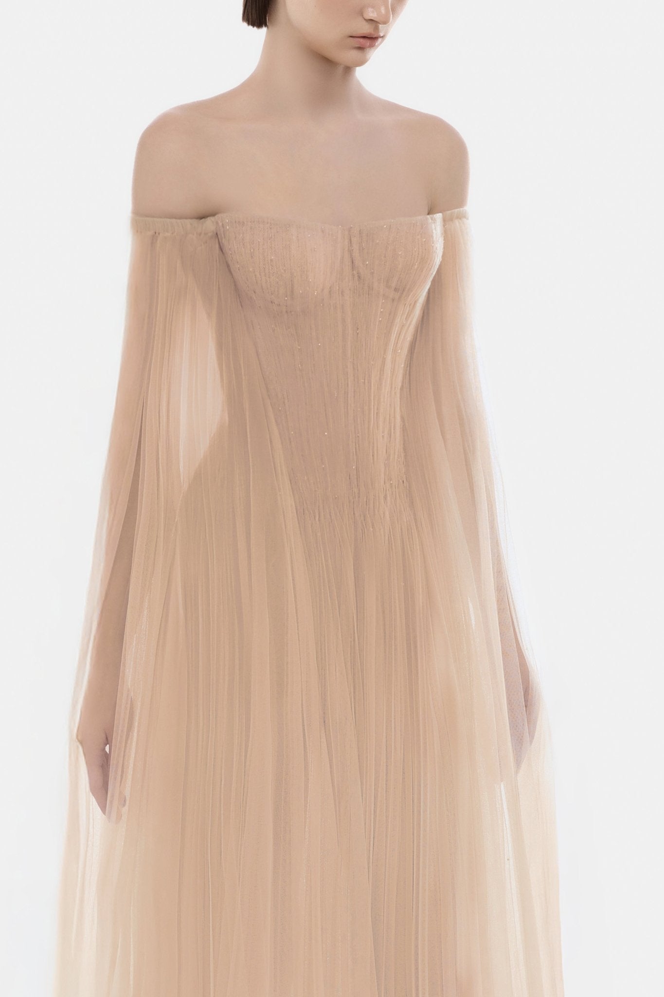 Peach Tulle Off - shoulder Maxi Dress - Montsand