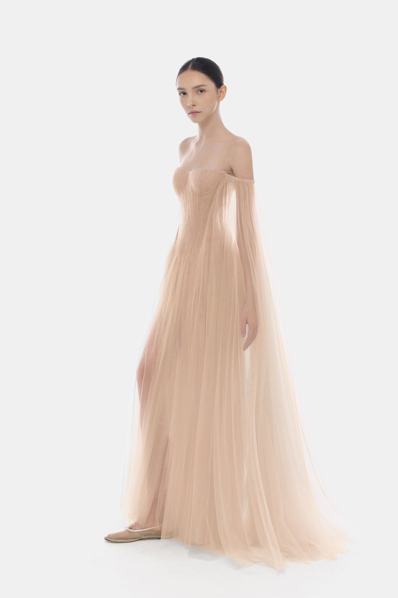 Peach Tulle Off - shoulder Maxi Dress - Montsand