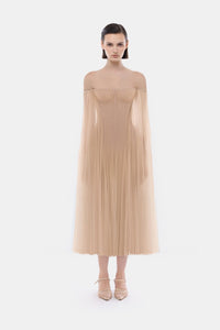 Peach Tulle Off - shoulder Midi Dress - Montsand