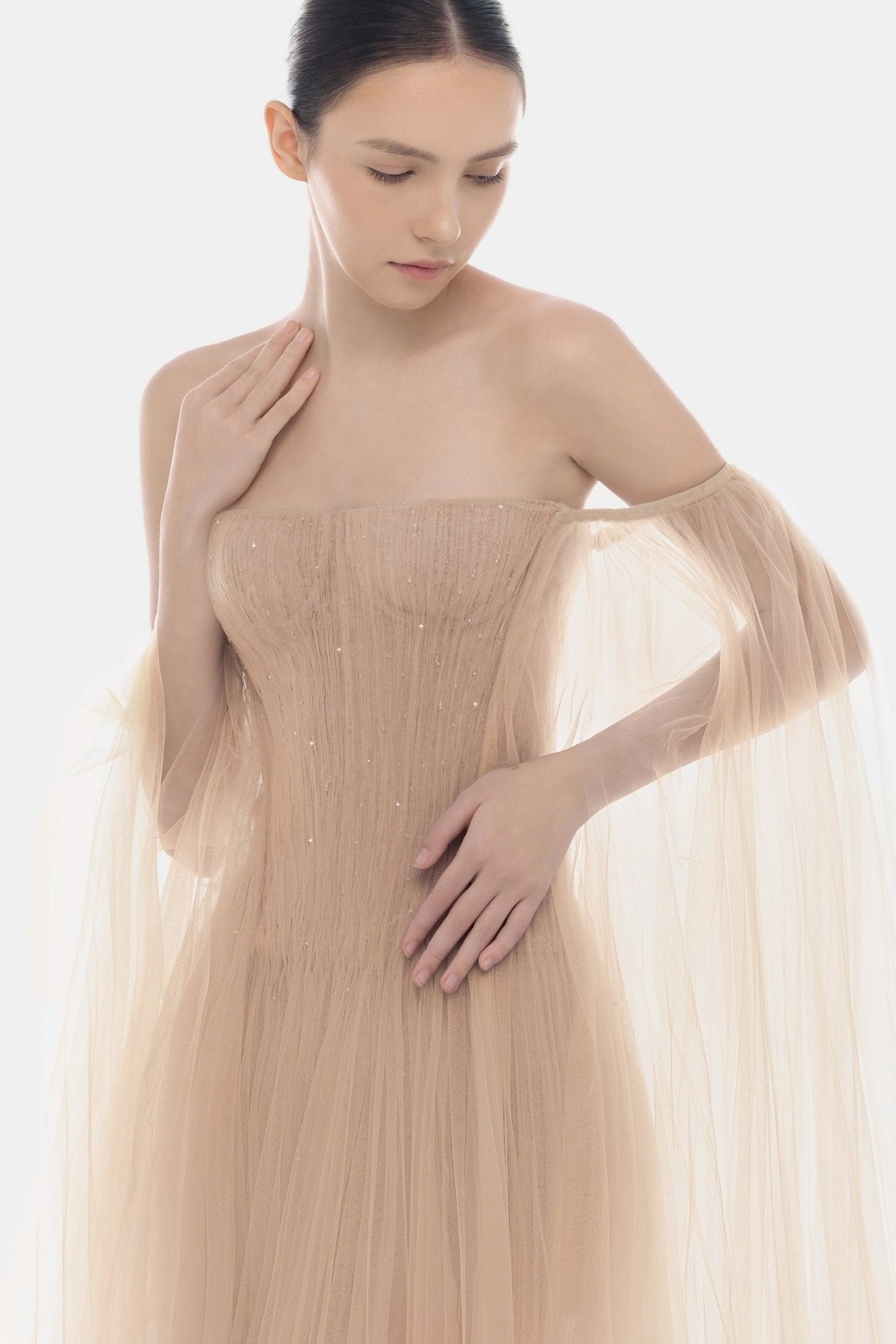 Peach Tulle Off - shoulder Mini Dress - Montsand