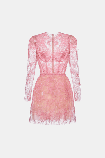 pink mini lace dress Pink Beaded Lace Mini Dress L