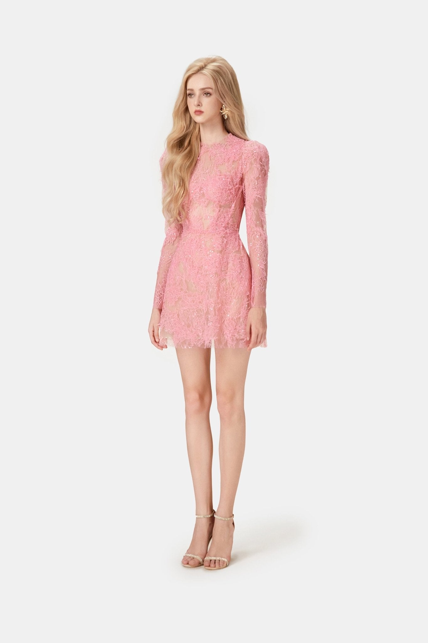 Pink Beaded Lace Mini Dress L Pink Beaded Lace Mini Dress L