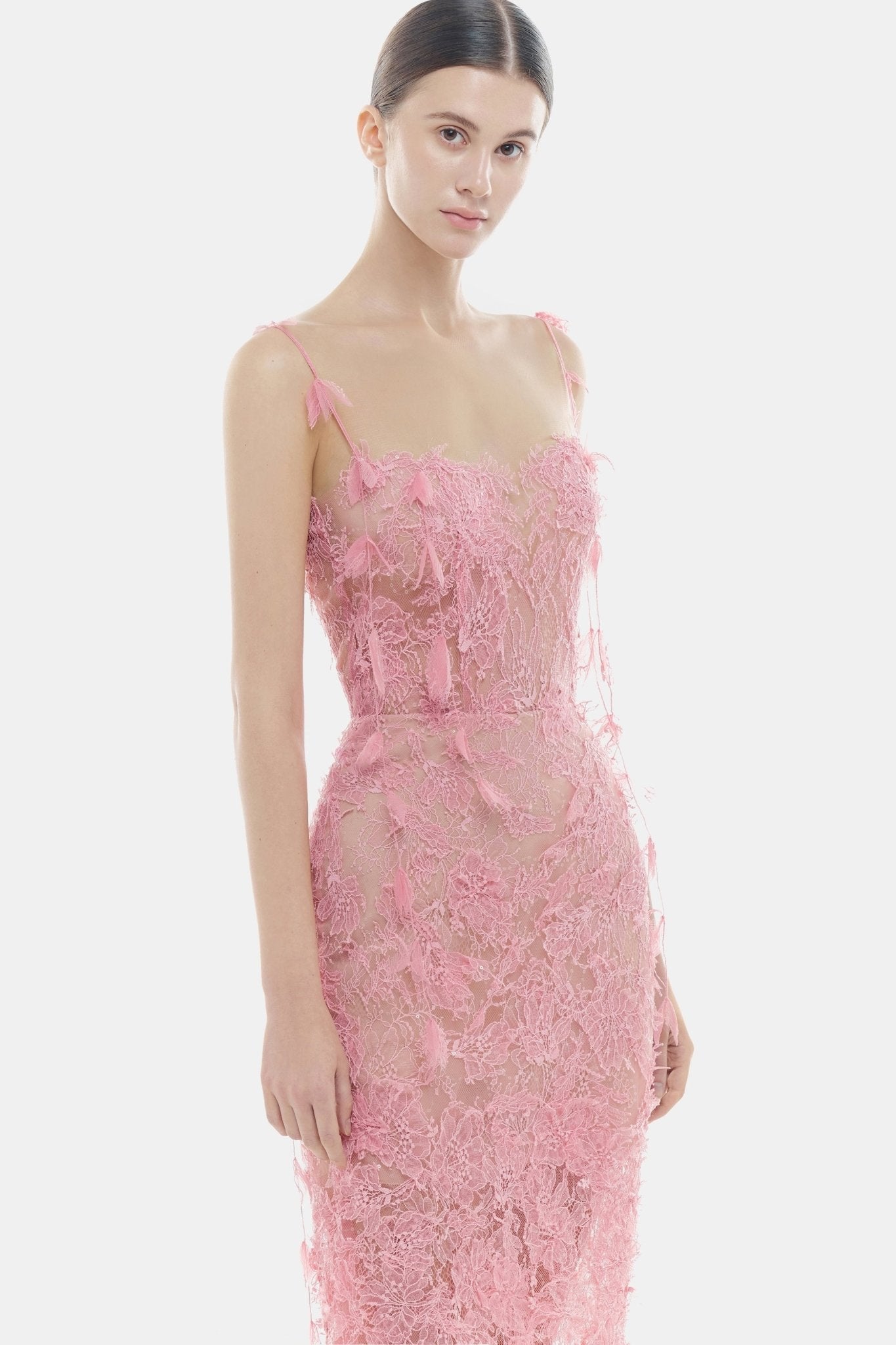 Pink Beaded Lace Pencil Dress - Montsand