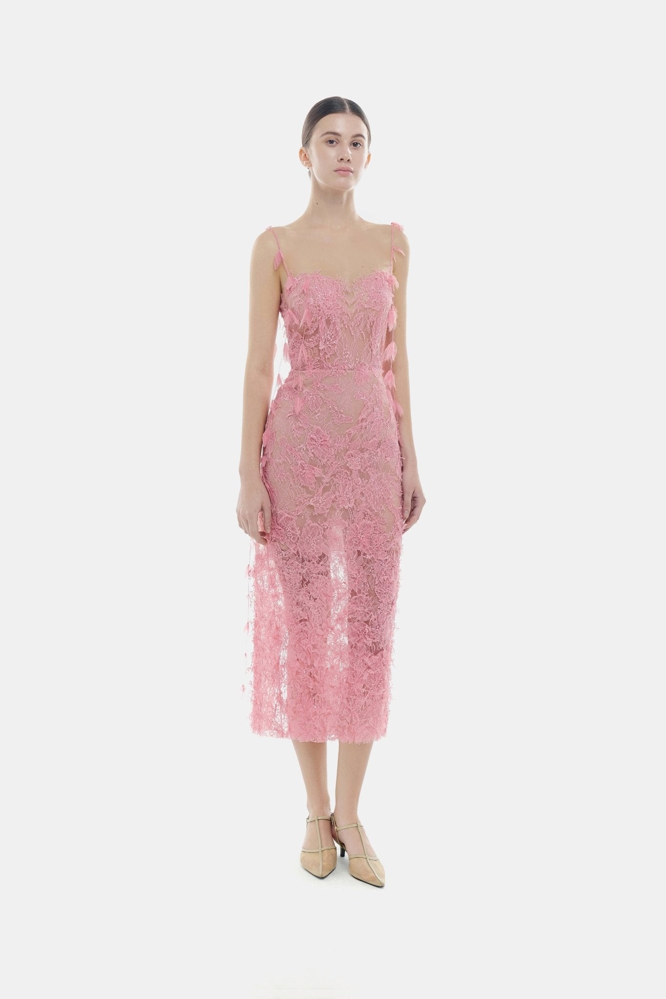 Pink Beaded Lace Pencil Dress - Montsand
