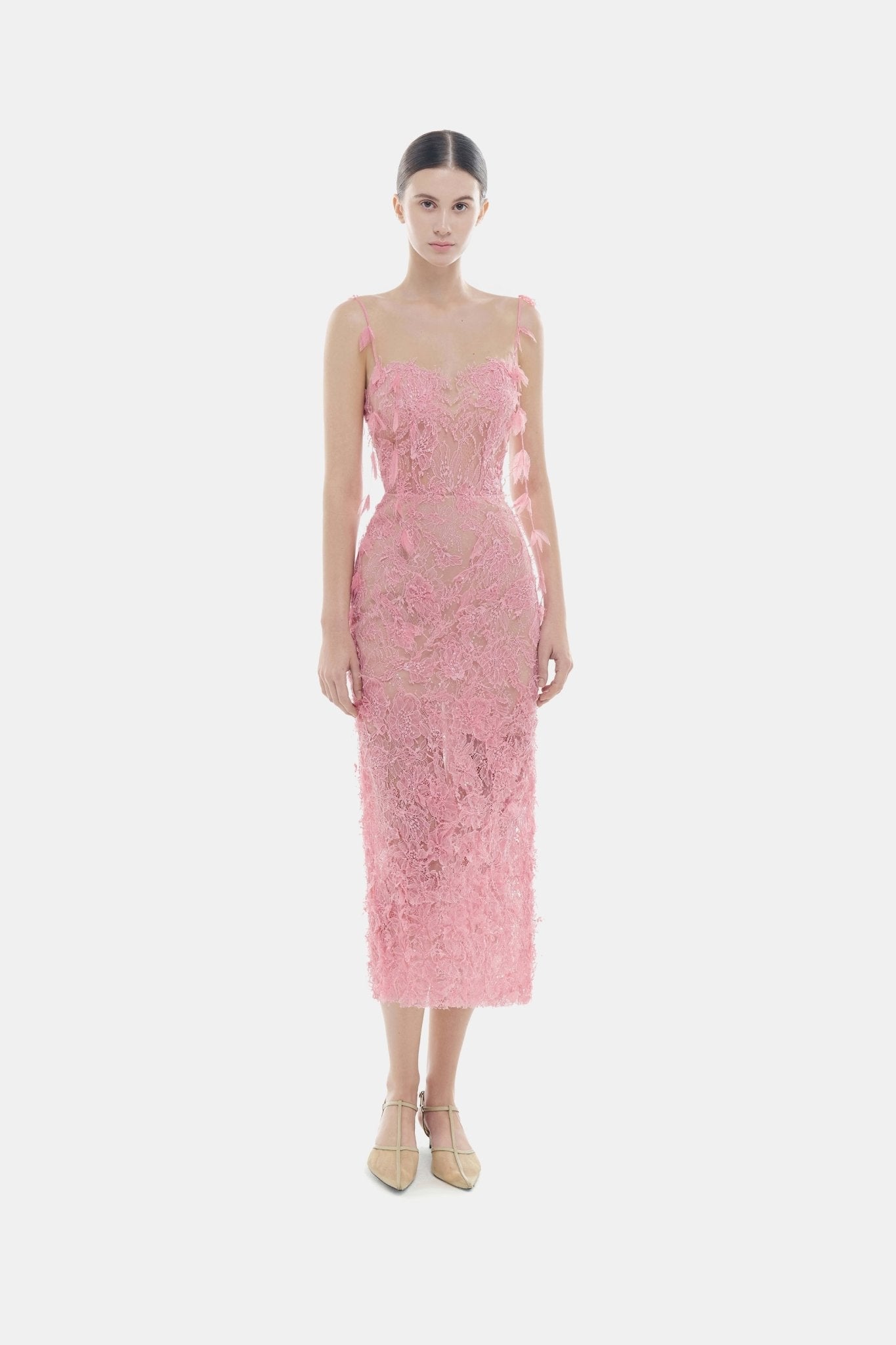 Pink Beaded Lace Pencil Dress - Montsand
