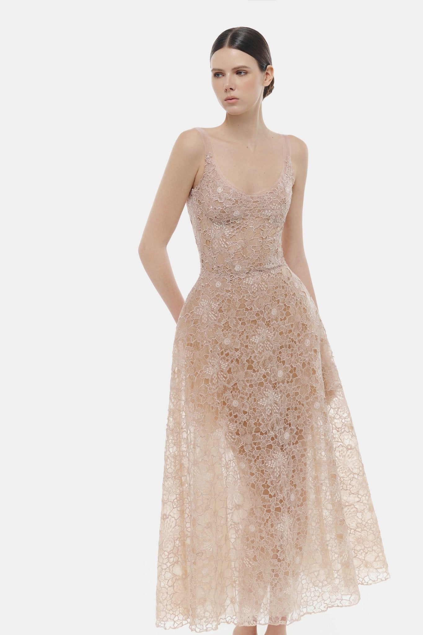 Pink Flower Lace Midi Dress – Montsand