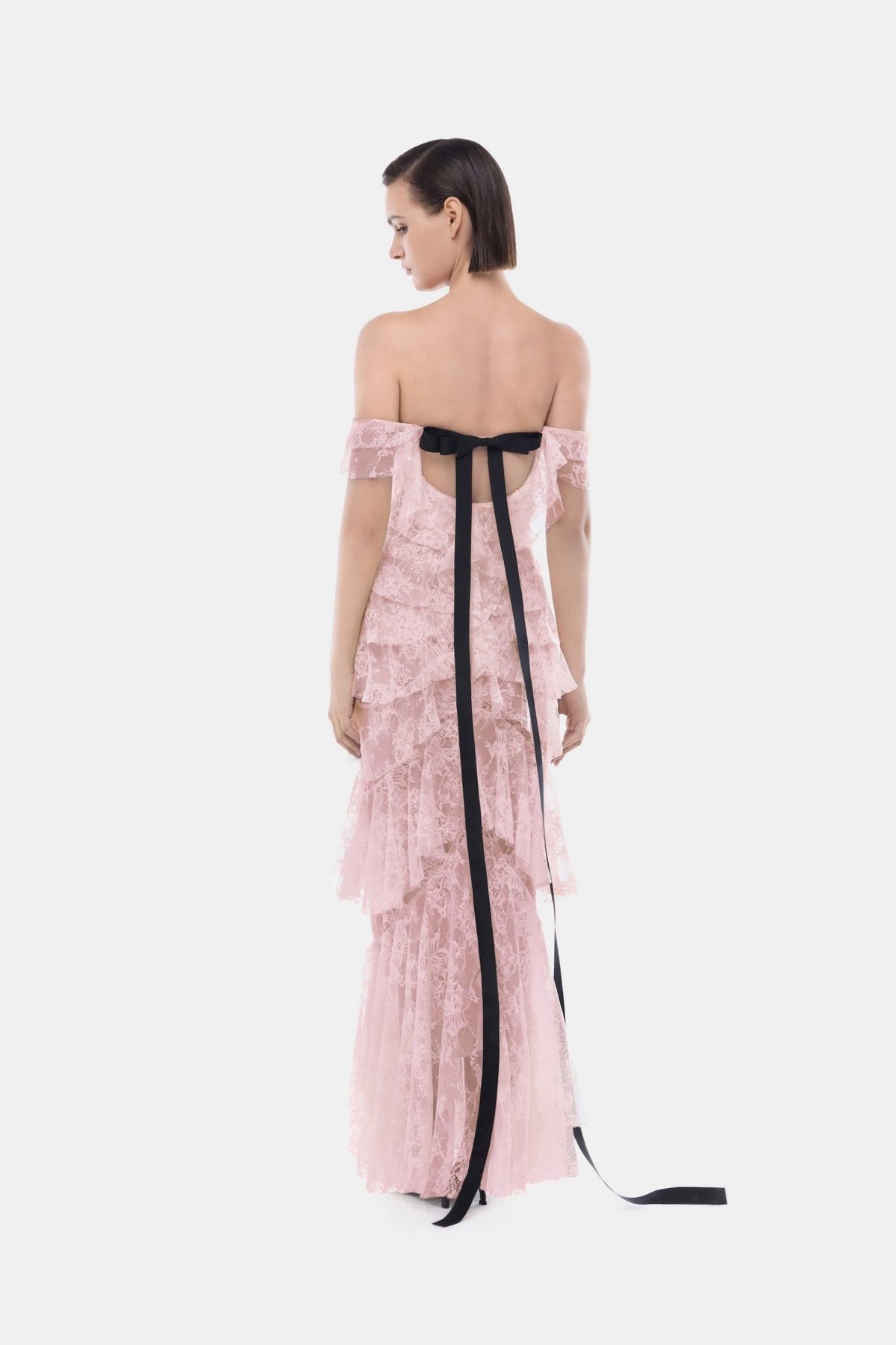 Pink Lace Ruffle Strap Off Maxi Dress - Montsand