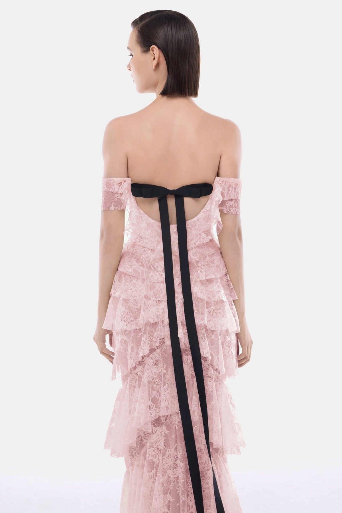 Pink Lace Ruffle Strap Off Maxi Dress - Montsand