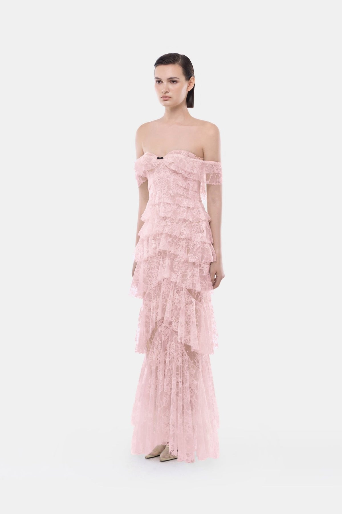 Pink Lace Ruffle Strap Off Maxi Dress - Montsand