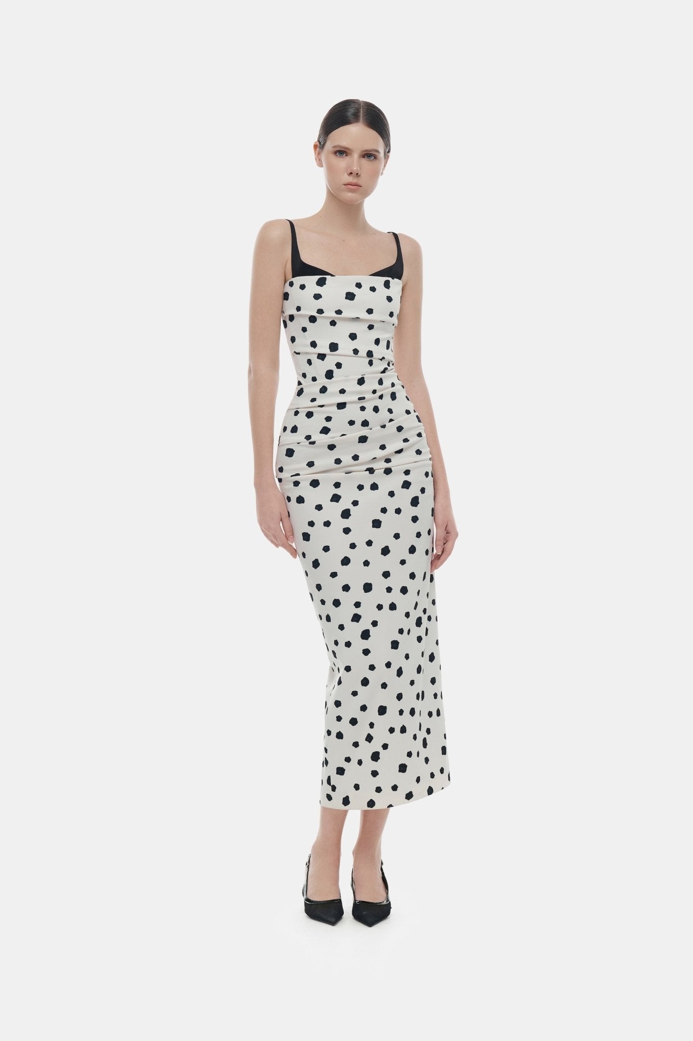 Polka Dot Draped Midi Dress Dresses Montsand