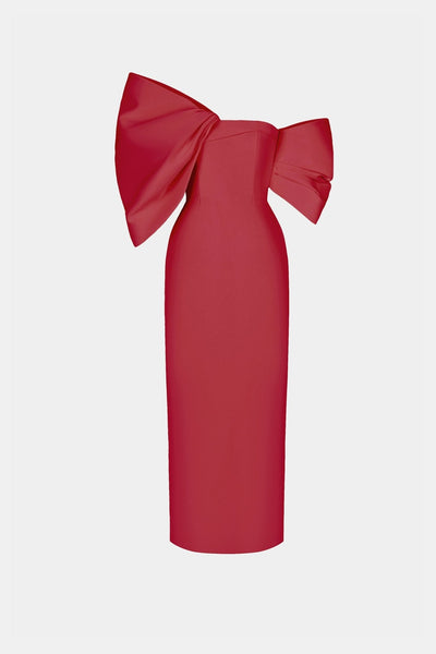 strapless open back dress Satin and velvet maxi dress with a flower red/pink 030DX095 – RASARIO main image 1