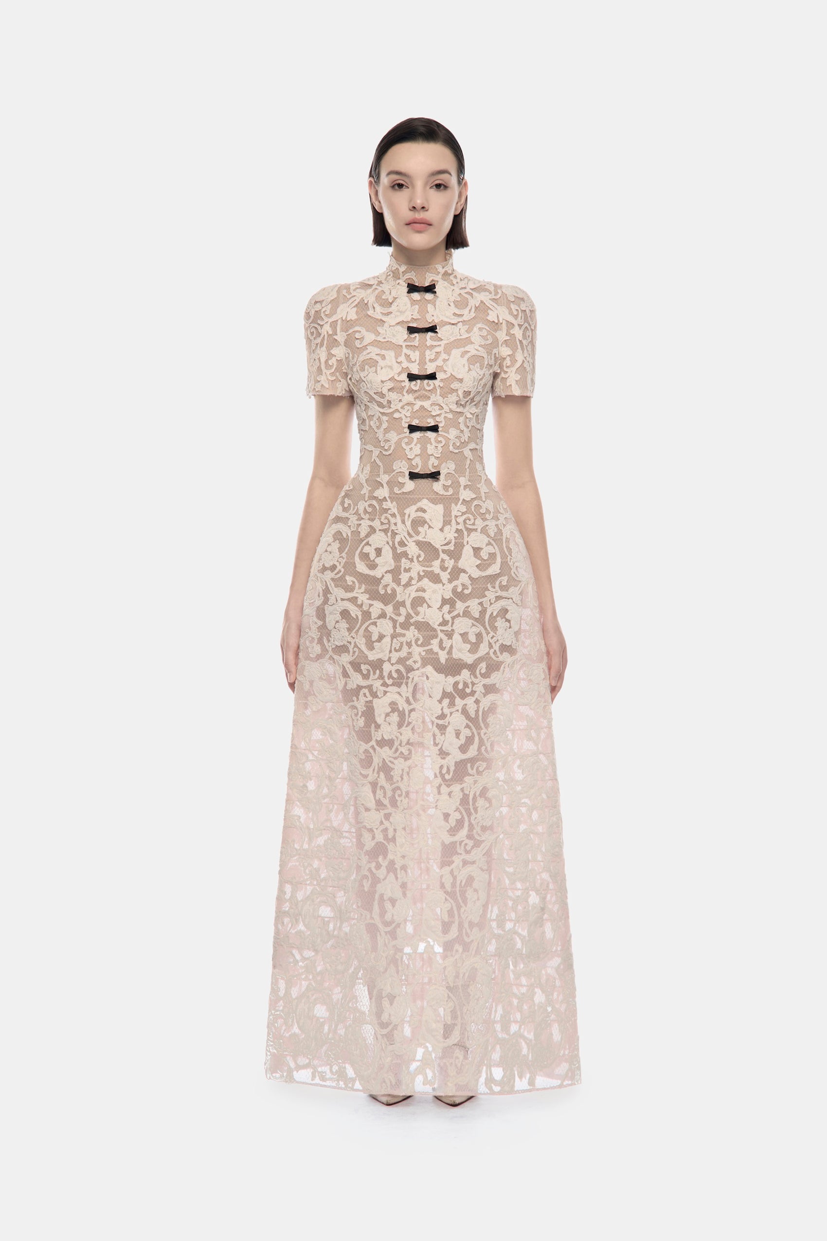 Ivory Brocade Bow Maxi Dress
