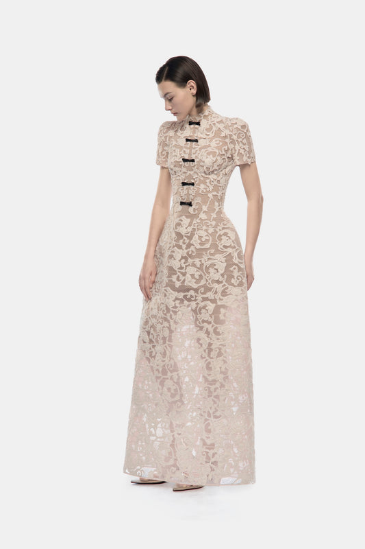 Ivory Brocade Bow Maxi Dress