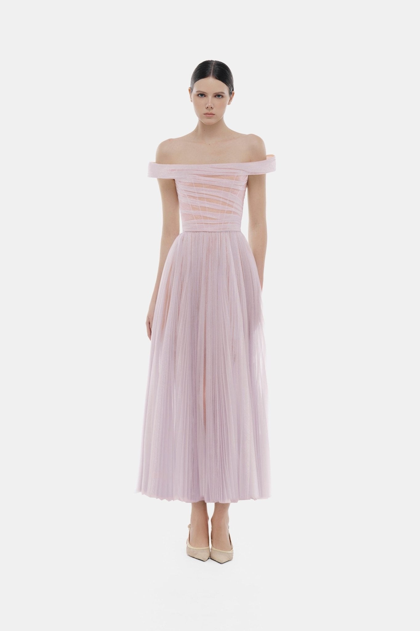 Violet Off-shoulder Midi Dress L Violet Off-shoulder Midi Dress L