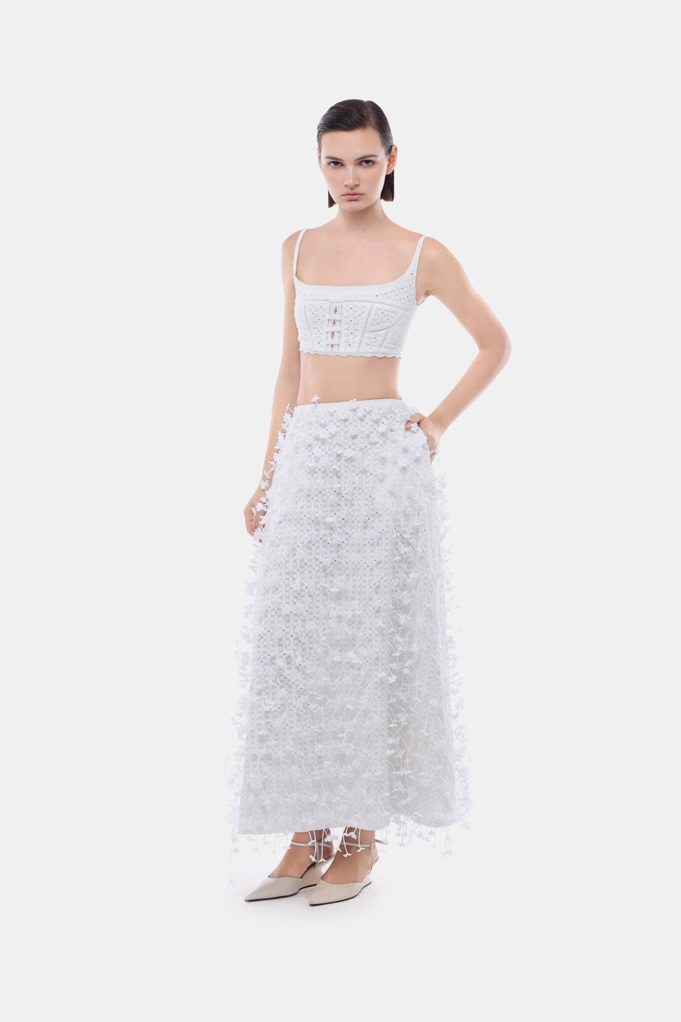 White 3D Floral Midi Skirt - Montsand
