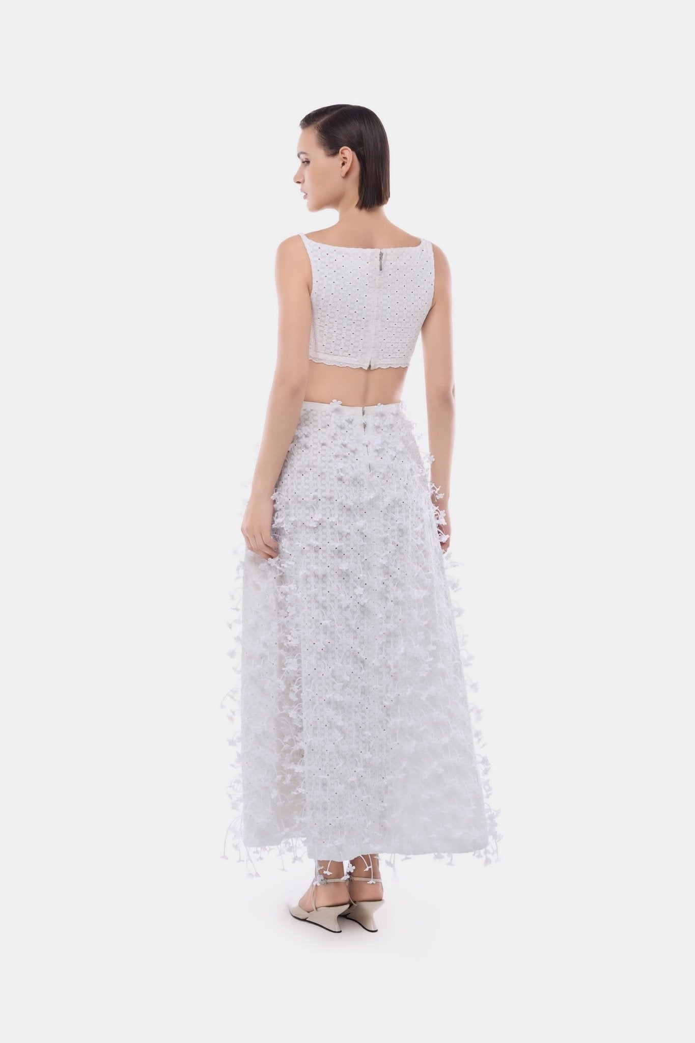 White 3D Floral Midi Skirt - Montsand