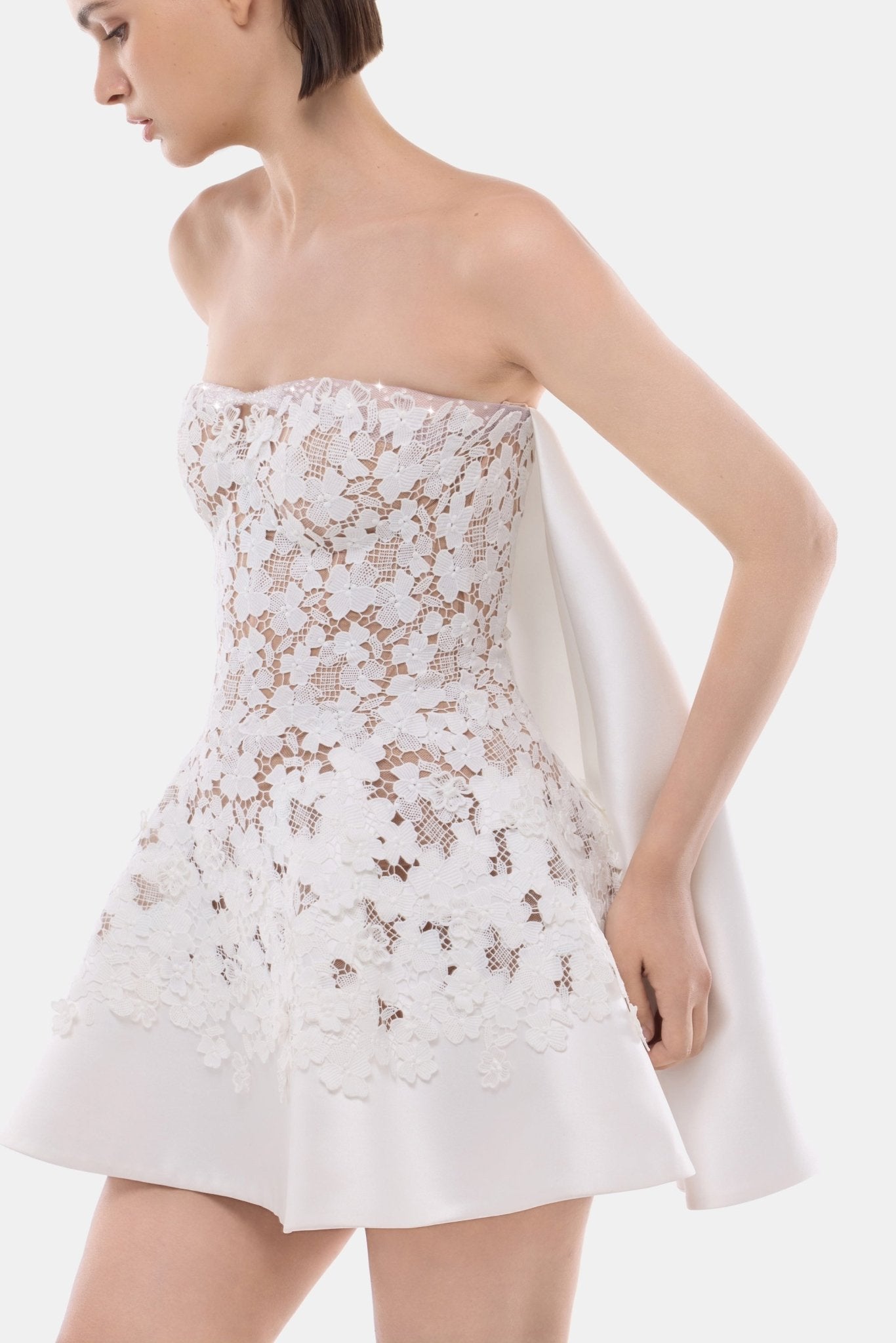 White Detachable Cape Skater Mini Dress - Montsand
