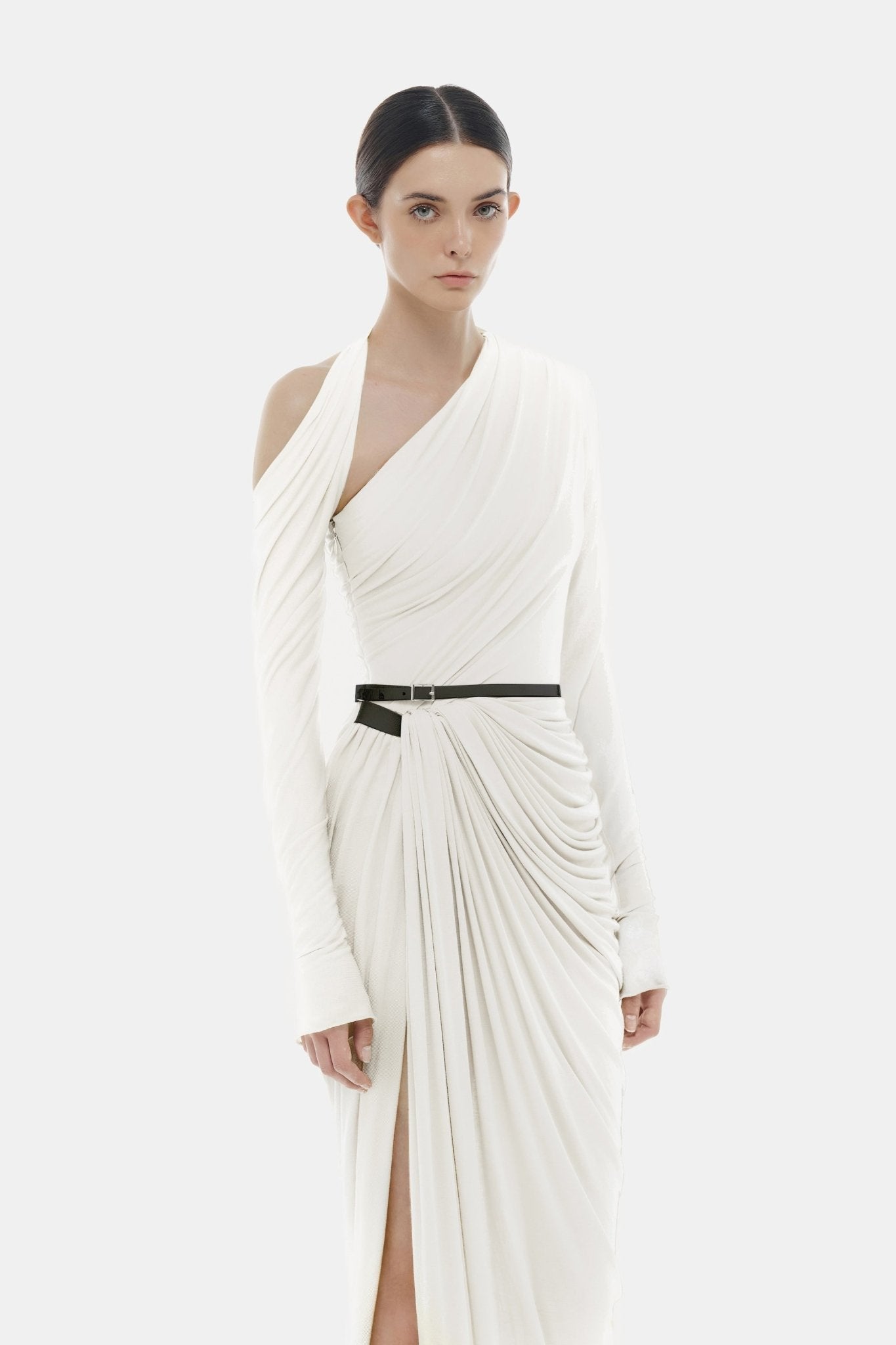 White Draped Asymmetric Maxi Dress Dresses Montsand