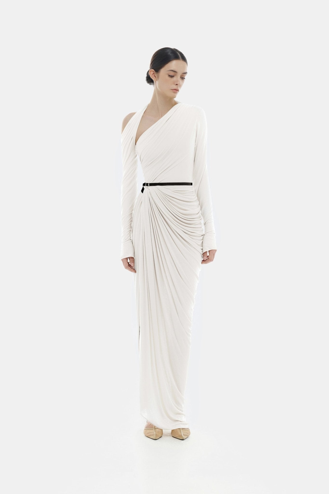 White Draped Asymmetric Maxi Dress M White Draped Asymmetric Maxi Dress M