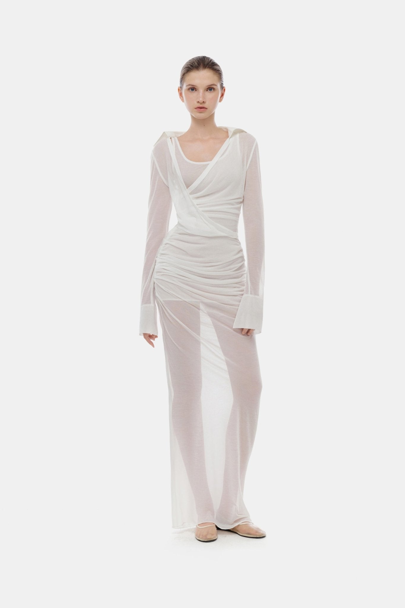 White Draped Ruched Jersey Dress - Montsand