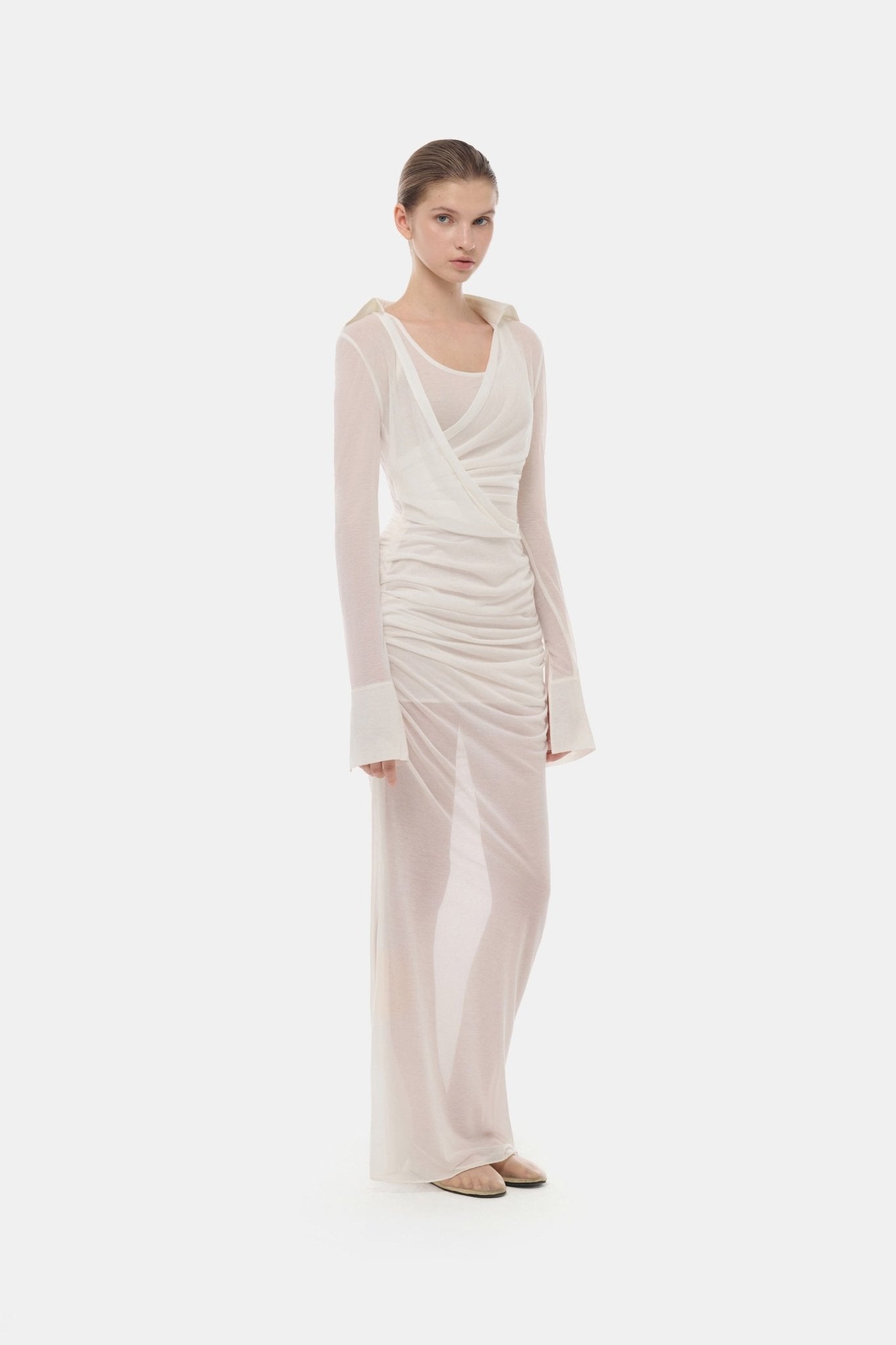 White Draped Ruched Jersey Dress - Montsand