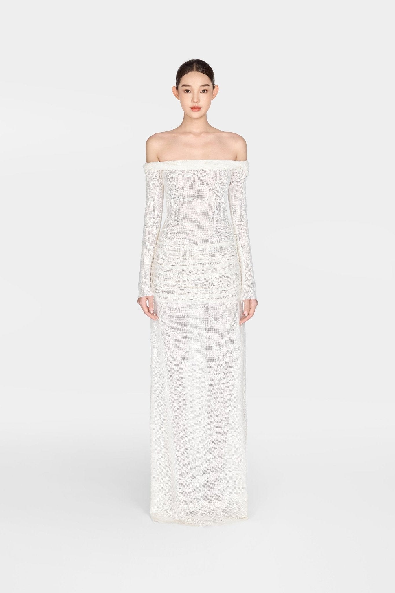 White Floral Beaded Off - shoulder Dress - Montsand