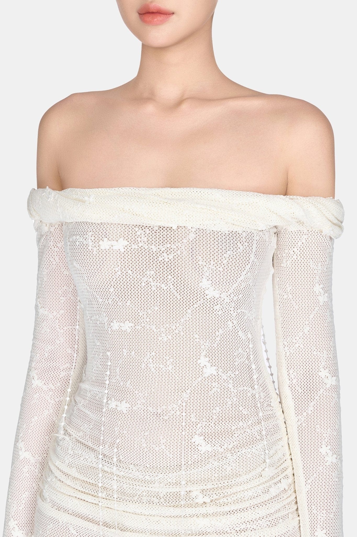 White Floral Beaded Off - shoulder Dress - Montsand