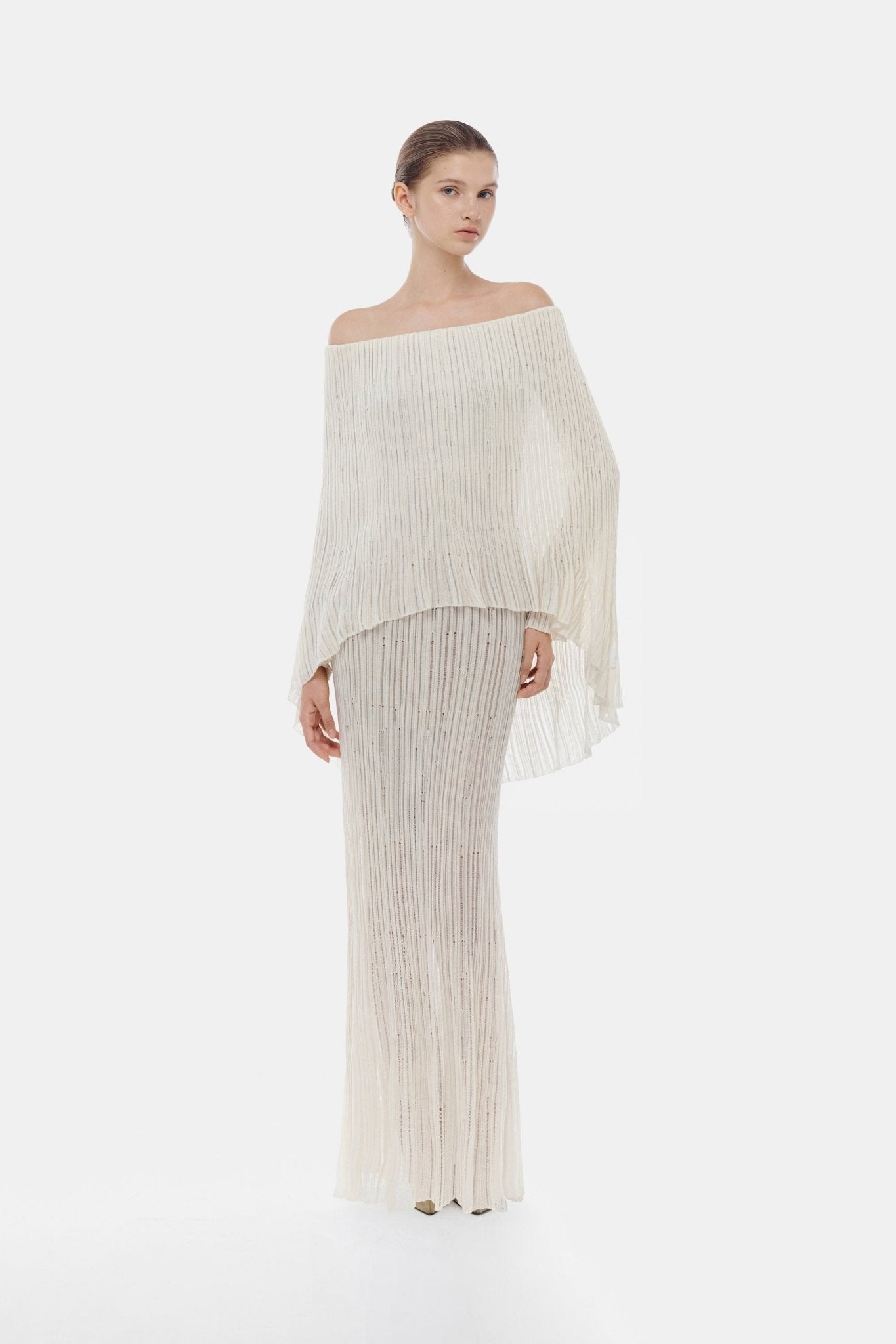 White Off-Shoulder Pleated Maxi Dress XS