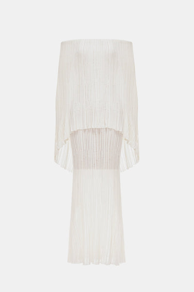 white off shoulder ruffle maxi dress White Off-Shoulder Pleated Maxi Dress XS