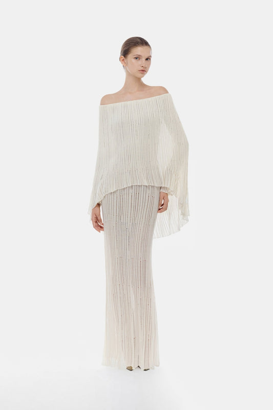 White Off - Shoulder Pleated Midi Dress - Montsand
