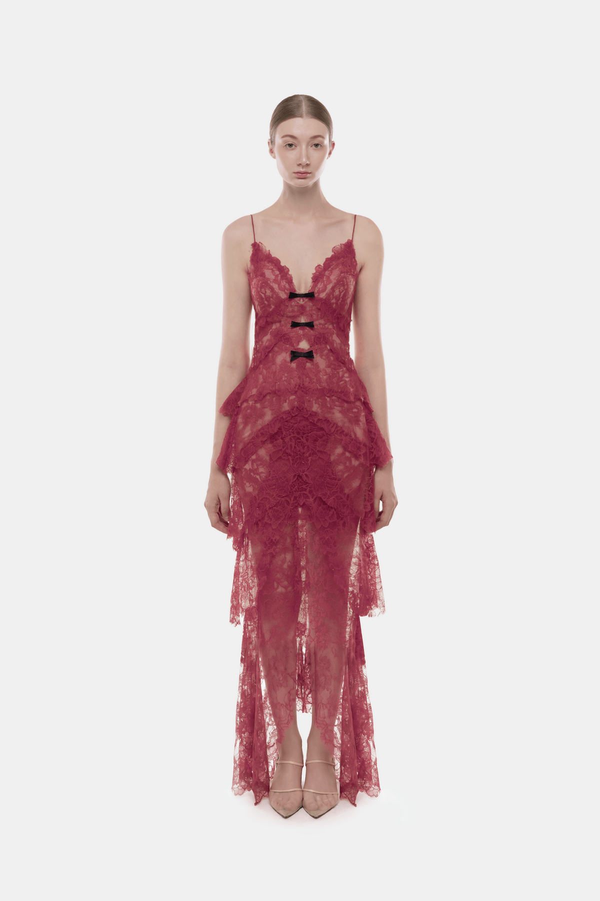 Wine Floral Bow Vneck Maxi Dress - Montsand