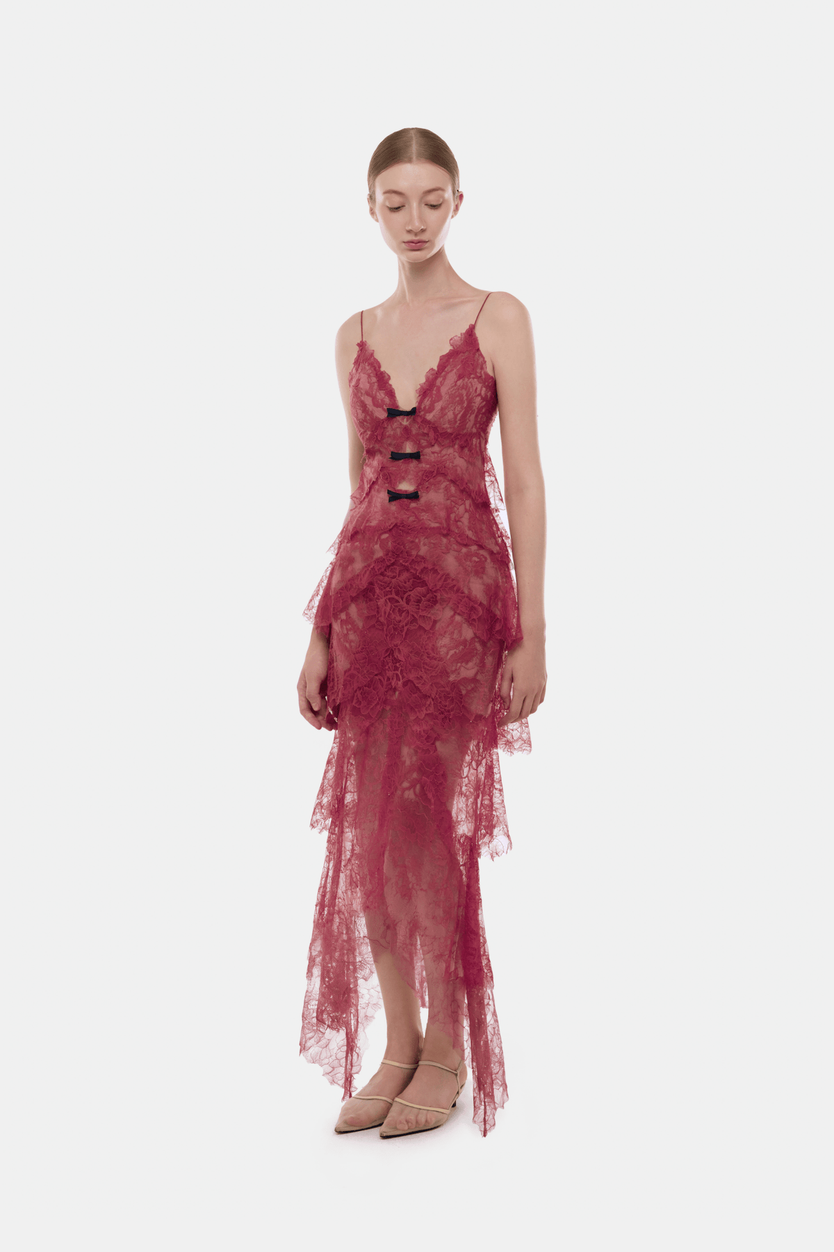 Wine Floral Bow Vneck Maxi Dress - Montsand