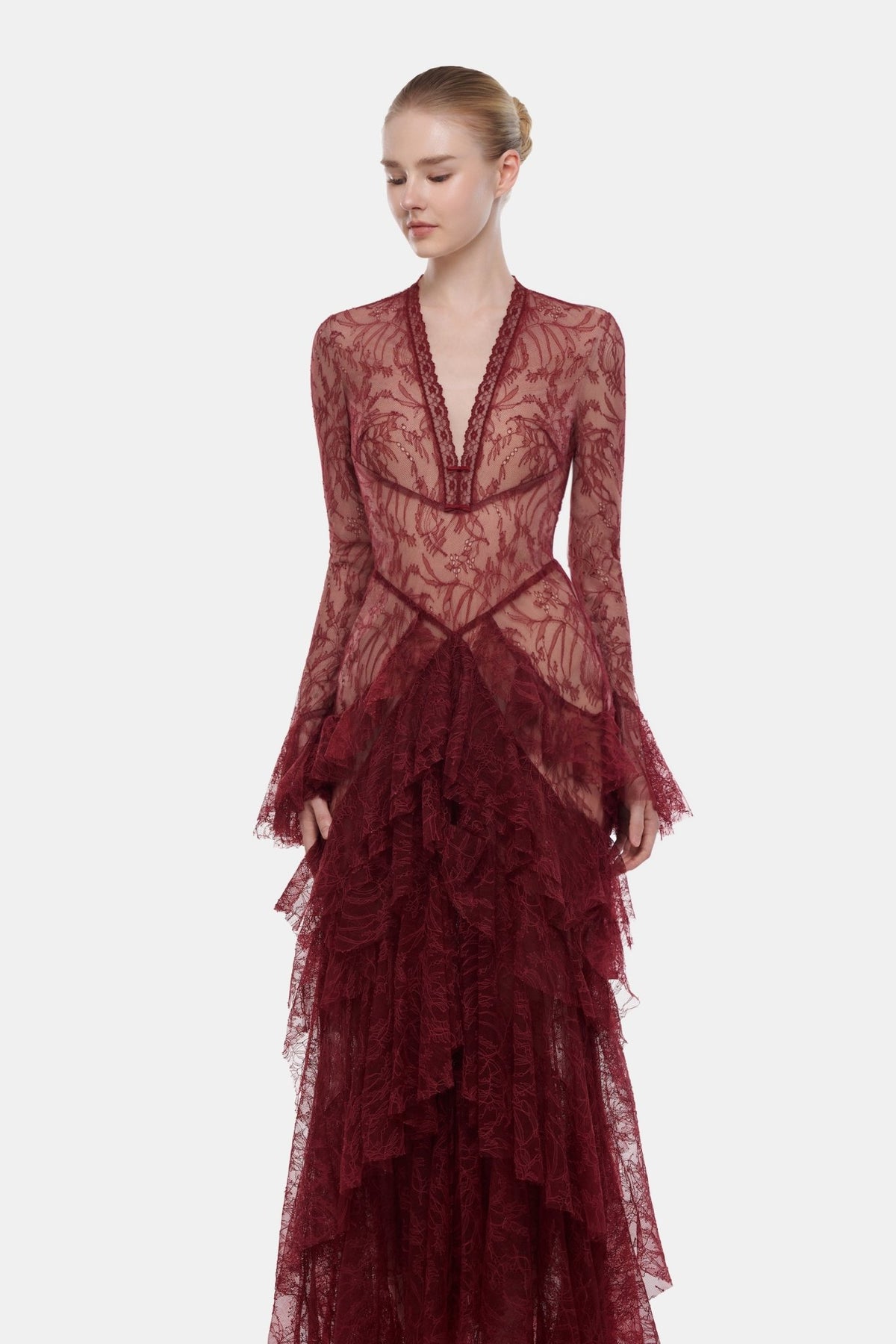 Wine Lace Cascade Dress - Montsand
